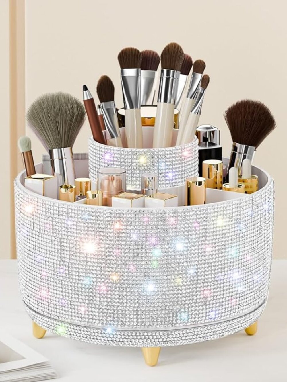 Diamond Look Bling 2 Tier Round Rotating Makeup Brush Holder
